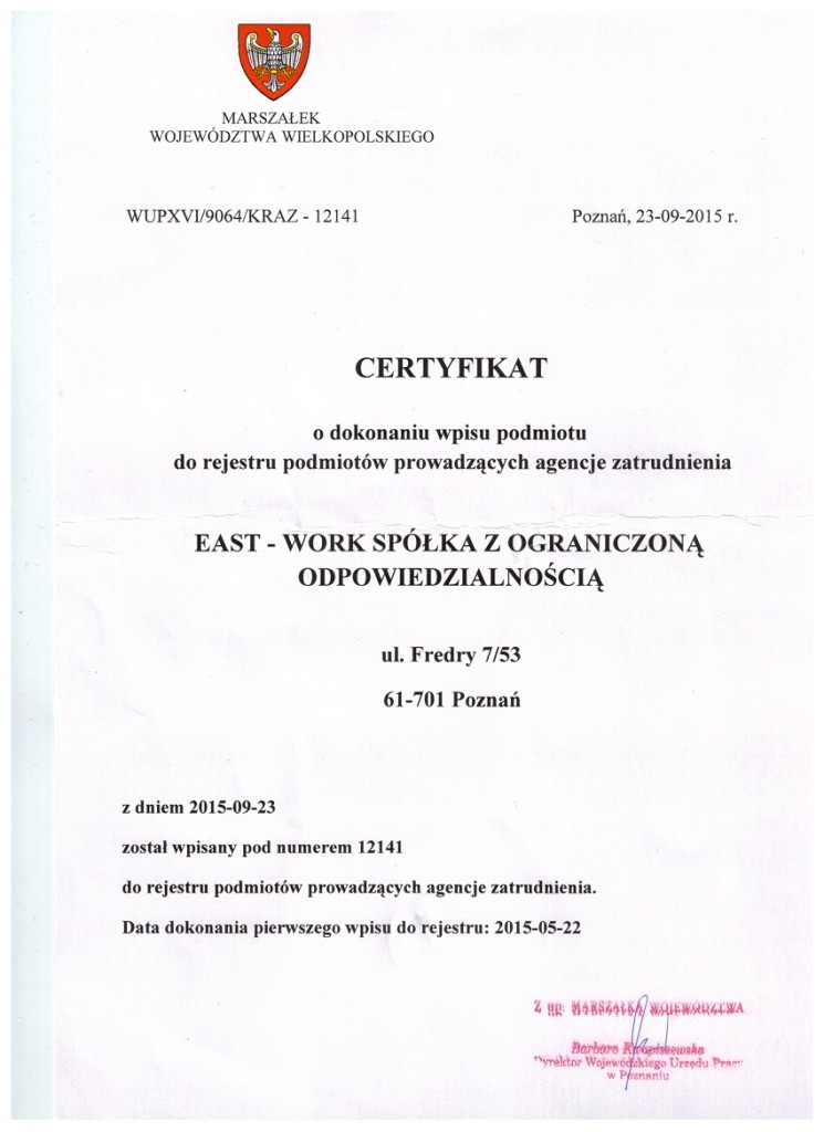 Certyfikat East-Work
